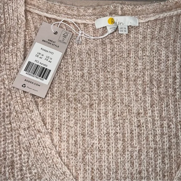 Boden Ivory Sparkle Ribbed Fluffy V-Neck Sweater Oversized Metallic Thread Sz 12 - Picture 3 of 15